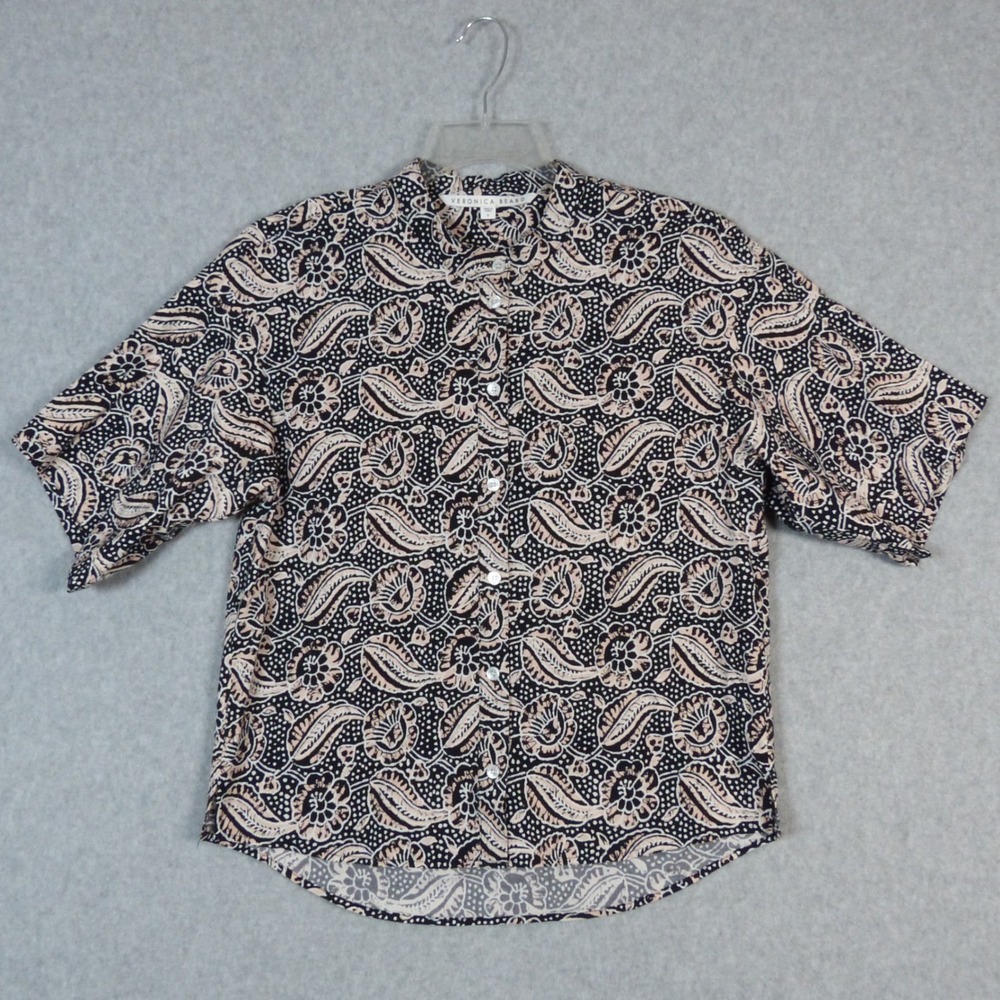 Veronica Beard Paisley Floral Button Down Shirt Roll Sleeve Navy Blush Size 8 - Picture 2 of 10